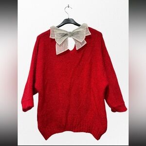 ShopEvelynne Vibrant Red Sweater with Elegant Cream Bow